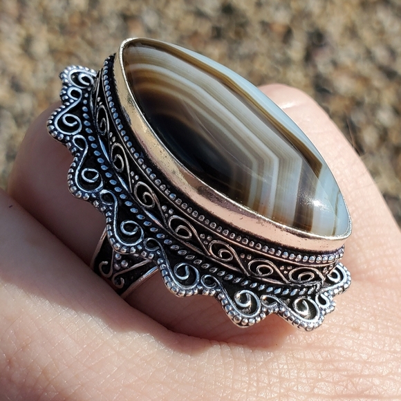 New Huge Botswana Agate Antique Design 925 Silver Statement Ring. - Picture 14 of 16